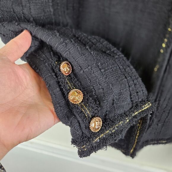 Women's NWT Adrianna Papell Elegant Black Tweed Clasp Frayed Jacket Size Med - Picture 4 of 11